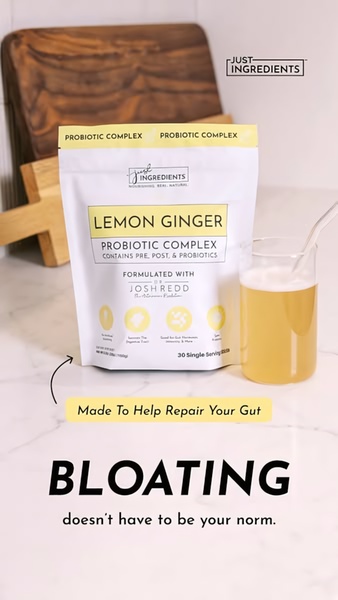 A clean, minimalist 9:16 vertical ad featuring a probiotic complex product, highlighting digestive health benefits with a clear text-based hook.